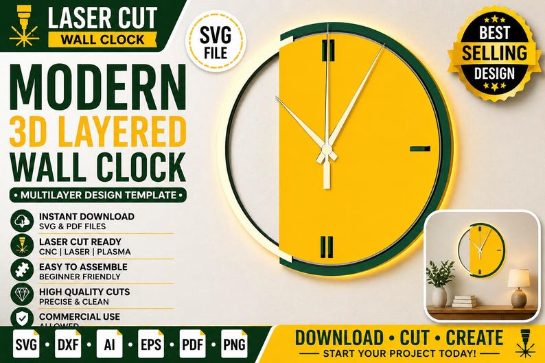 Laser Cut Multilayer Wall Clock SVG | Modern 3D Layered Decor Design ...