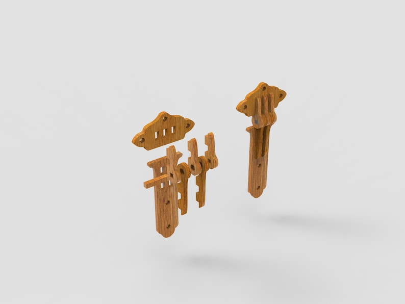 May include: Wooden cabinet hardware set, featuring a decorative design. The set includes multiple pieces, including a latch, hinges, and mounting plates. The hardware is made of light brown wood and is designed for cabinet doors.