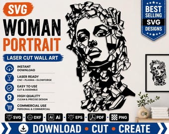 Woman portrait SVG laser cut wall art for Cricut Glowforge DXF metal decor