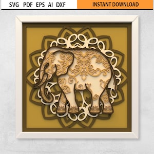 Caja de sombras en capas con diseño de elefante en formato SVG 3D, archivos cortados con láser en 3D con diseño floral de elefante, caja de sombras en formato SVG de múltiples capas, papel cortado con SVG 3D de elefante para Cricut