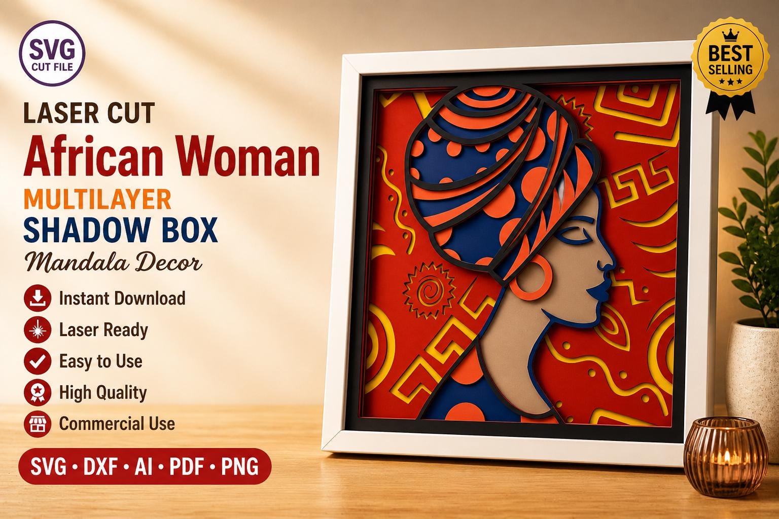 African Woman Shadow Box SVG Portrait Light Decor Tribal Lady Laser Cut ...