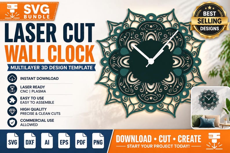 Laser Cut Multilayer Wall Clock SVG | Modern 3D Layered Decor Design ...