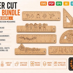 May include: Laser cut ruler bundle with 8 designs. Includes rulers, a triangle, and a protractor, all made of light-colored wood. Each ruler has inch and centimeter markings. The rulers feature various engraved designs, including leaves, butterflies, and children.