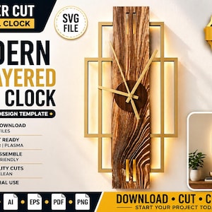 Puede incluir: Plantilla de diseño de reloj de pared 3D moderno en capas. El reloj presenta un centro de vetas de madera con detalles geométricos dorados. Las manecillas del reloj son doradas. El diseño está listo para corte láser y es fácil de montar.