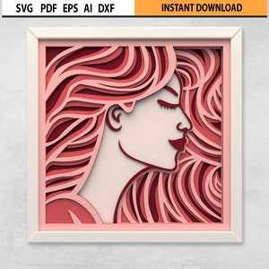 3D SVG ファッション女性 DXF マンダラ、ロングヘア レイヤード シャドウ ボックス レーザー カット ファイル、マルチレイヤー svg レーザー カット、3D レイヤード マンダラ Cricut 3D SVG。