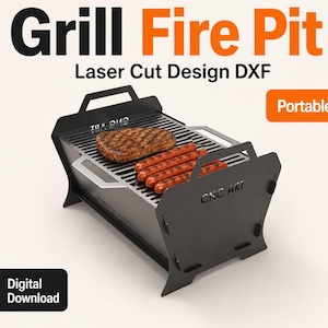May include: Black laser-cut metal grill fire pit with the text "Grill Fire Pit" and "Laser Cut Design DXF". The grill has a handle and is loaded with grilled meat and sausages. The words "Portable BBQ" are in an orange rectangle.
