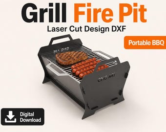 Könnte beinhalten: Schwarze Laser-Cut-Metall-Grill-Feuerstelle mit dem Text "Grill Fire Pit" und "Laser Cut Design DXF". Der Grill hat einen Griff und ist mit gegrilltem Fleisch und Würstchen beladen. Die Worte "Portable BBQ" stehen in einem orangefarbenen Rechteck.