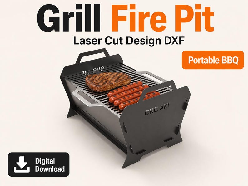 Puede incluir: Barbacoa port&aacute;til de metal negro cortado con l&aacute;ser con el texto "Grill Fire Pit" y "Laser Cut Design DXF". La parrilla tiene un asa y est&aacute; cargada con carne a la parrilla y salchichas. Las palabras "Portable BBQ" est&aacute;n en un rect&aacute;ngulo naranja.