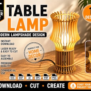 Puede incluir: Una lámpara de mesa moderna cortada con láser con un diseño de pantalla único. La lámpara está hecha de madera de color claro y presenta una base cilíndrica y una parte superior ensanchada. Incluye el texto "TABLE LAMP" y "MODERN LAMPSHADE DESIGN".