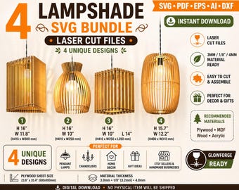 Laserskuren lampskärm SVG-paket | 4 hängande ljuskronadesigner DXF (digital nedladdning)