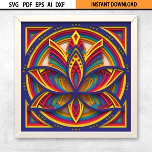 Design de mandala de flor de lótus multicamadas 3D SVG | Mandala geométrica em camadas DXF | Mandala multicamadas cortada a laser | Arte de parede de mandala multicamadas
