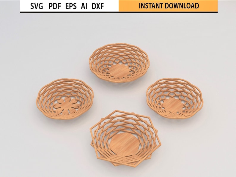 Peut inclure: Quatre paniers d&eacute;coratifs en bois brun clair de diff&eacute;rentes formes g&eacute;om&eacute;triques. Les paniers ont un design ouvert et tiss&eacute; et sont dispos&eacute;s sur une surface blanche. Le haut de l'image contient le texte "SVG PDF EPS AI DXF" et "INSTANT DOWNLOAD".