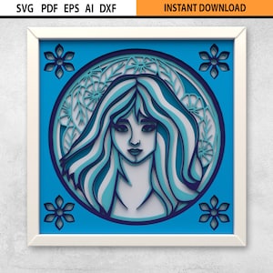 Floral Woman Portrait 3D Multilayer Shadow Box SVG | Multilayer Mandala Wall Art | Girl Lady Shadow Box SVG | Vintage Shadow Box | Glowforge