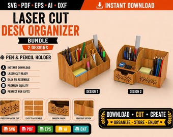 Laser Cut Desk Organizer SVG Bundle | 2 Pen Holder Designs (Digital Download)