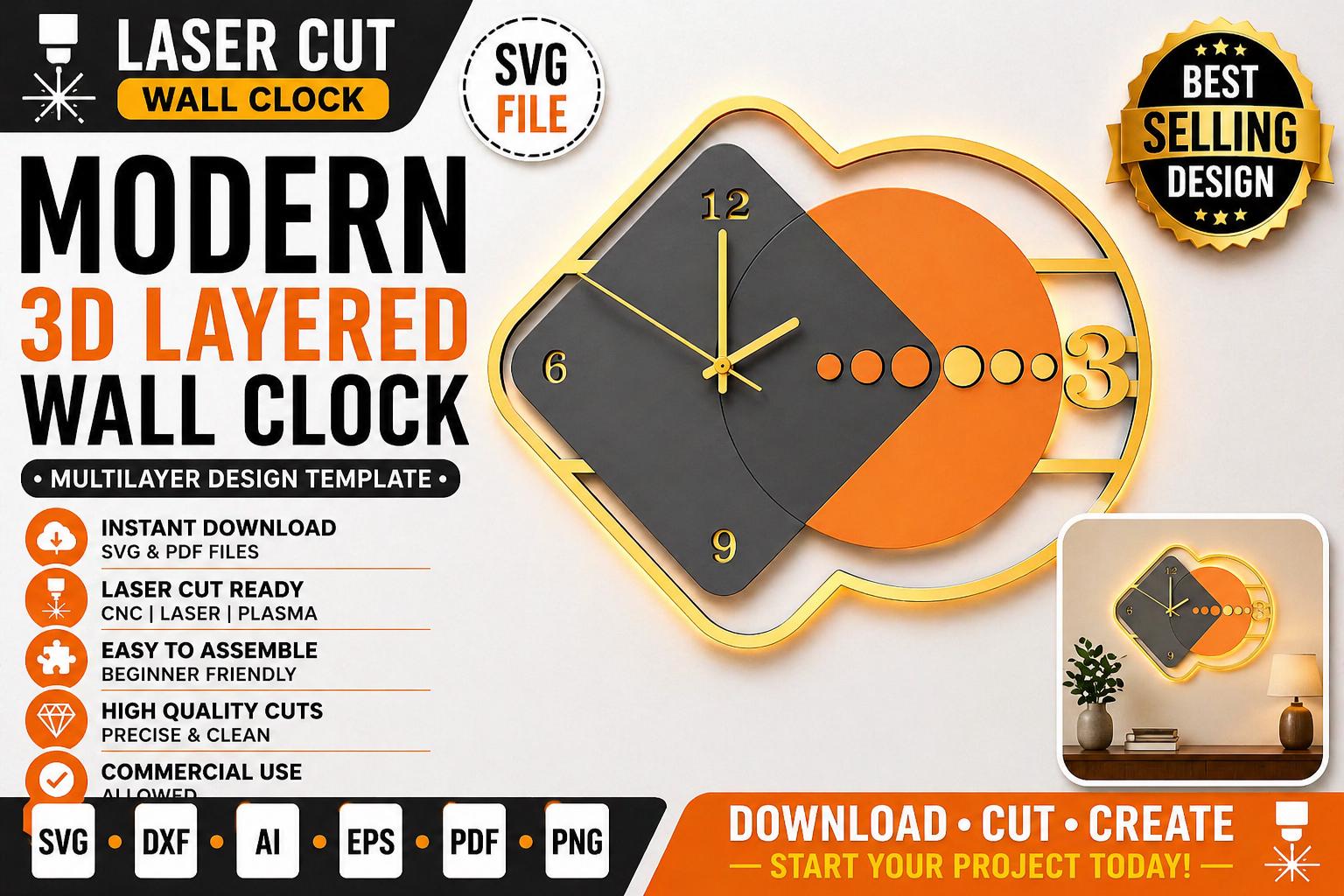 Laser Cut Multilayer Wall Clock SVG | Modern 3D Layered Decor Design ...
