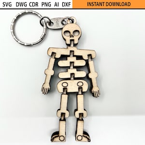 Lasergesneden flexibele skelet sleutelhanger ontwerp SVG, lasergesneden flexibele sleutelhouder, beweegbare houten figuur, lasergesneden fidget houten mechanisch speelgoed