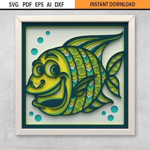 Happy Fish 3D Multilayer Shadow Box SVG, Multilayer Mandala Fish Nursery Wall Art SVG, 3D Layered Mandala SVG, Shadow Box Glowforge svg File