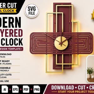 May include: A modern 3D layered wall clock design in burgundy and gold. The clock features a geometric design with a circular clock face and rectangular frame. The image includes text that says "Laser Cut Wall Clock" and "Modern 3D Layered Wall Clock".