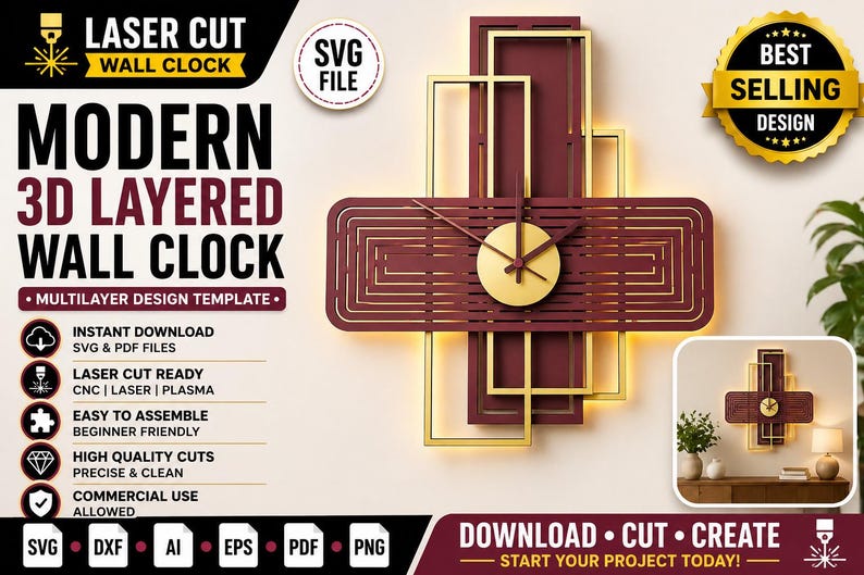 Laser Cut Multilayer Wall Clock SVG | Modern 3D Layered Decor Design ...