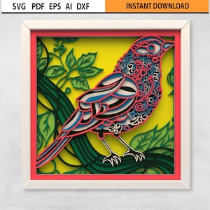 3D SVG Vogel Layered Shadow Box DXF Mandala, Vogel auf Baum Blume 3D Laser Cut Dateien, Multilayer Schattenbox svg, Vogel Cricut 3D SVG Papierschnitt