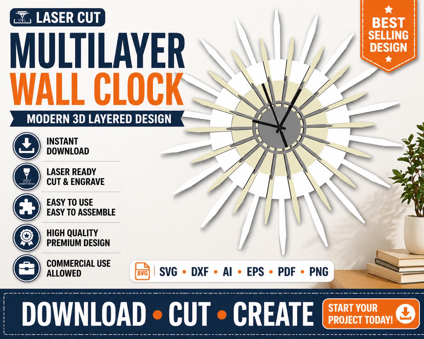 Laser Cut Multilayer Wall Clock SVG | Modern 3D Layered Decor Design ...