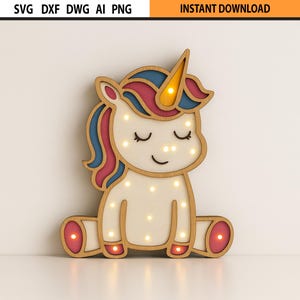 Luce notturna a forma di unicorno tagliata al laser SVG: luce da letto per bambini multistrato (file digitali)