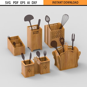 Set di 6 file SVG per portautensili da cucina tagliati al laser / Modelli per organizzatori di portautensili da cucina tagliati al laser / Glowforge