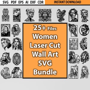 Pacote SVG de 25 retratos de rosto feminino, arte decorativa de parede em metal cortado a laser DXF para plasma Cricut Silhouette Glowforge, arquivo de sublimação de gravura