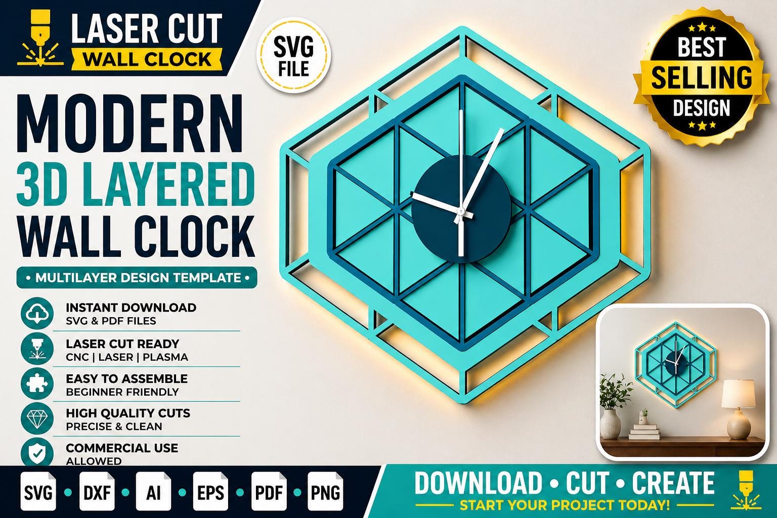 Laser Cut Multilayer Wall Clock SVG | Modern 3D Layered Decor Design ...