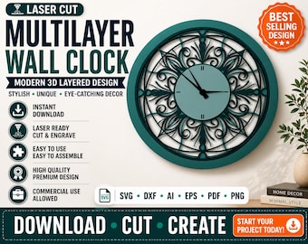Relógio de parede multicamadas cortado a laser em SVG | Modelo de design decorativo moderno em 3D com camadas para Glowforge em DXF