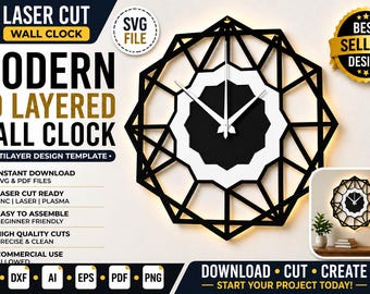 Laser Cut Multilayer Wall Clock SVG | Modern 3D Layered Decor Design Template Glowforge DXF