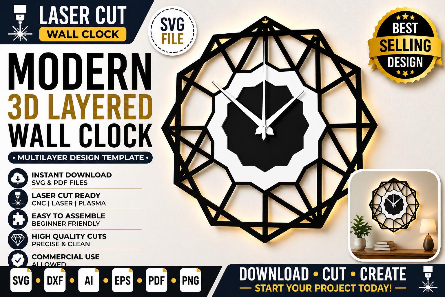 Laser Cut Multilayer Wall Clock SVG | Modern 3D Layered Decor Design ...
