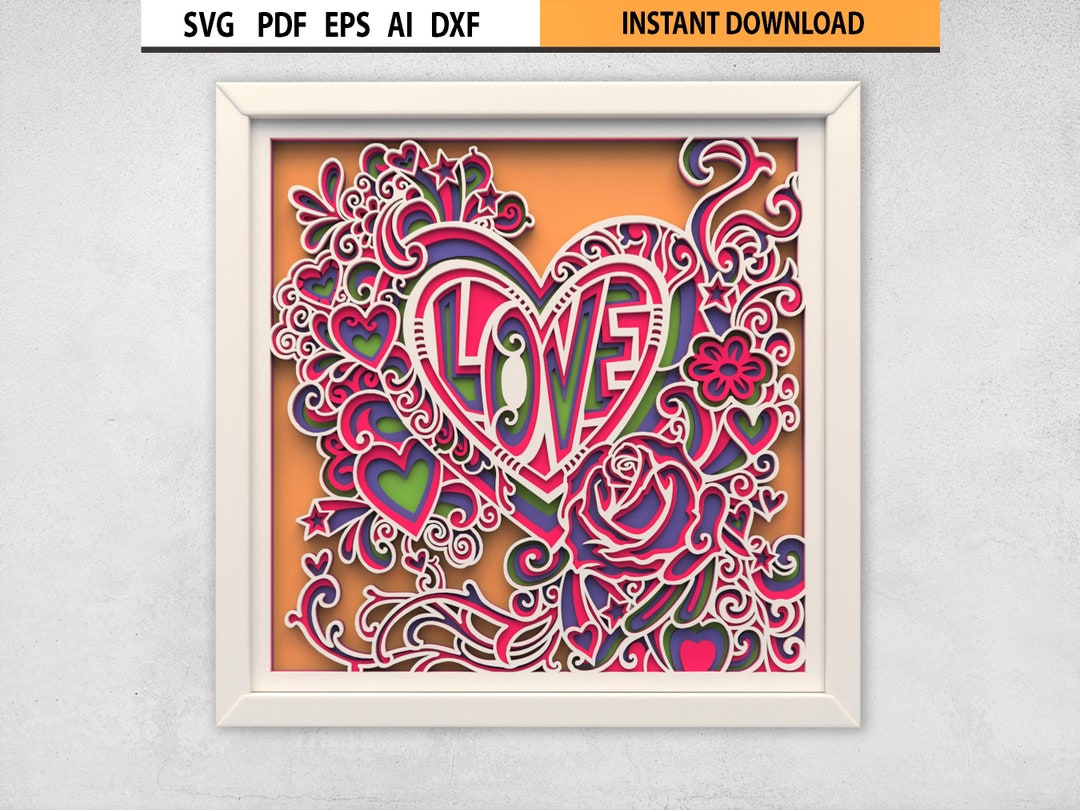 3D SVG Love Heart Floral Mandala, Love Heart Layered Shadow Box Laser ...