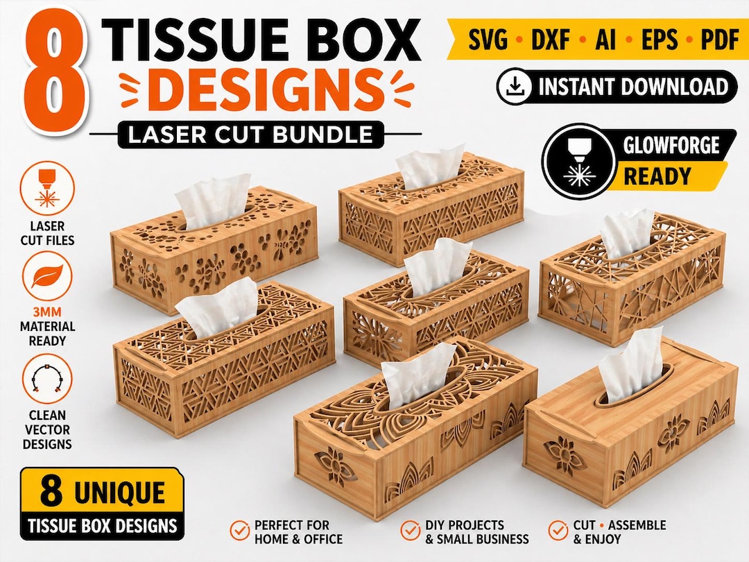 Tissue Box Svg File Laser Cut Tissue Box SVG Bundle | 8 Unique Designs, Glowforge Files ...