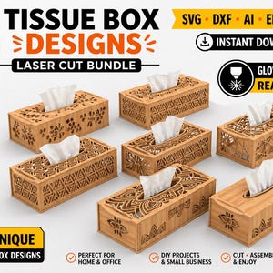 以下が含まれることがあります： 8種類のレーザーカットティッシュボックスのデザイン。明るい茶色の木材で作られたボックスには、複雑な模様が施されています。各ボックスには白いティッシュが入っており、Glowforgeに対応しています。「Instant Download」の文字が含まれています。