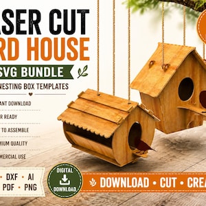 May include: Two wooden laser-cut birdhouses hanging from twine. The birdhouses have a natural wood finish and are designed with a classic gable roof. The image includes text that reads "Laser Cut Bird House SVG Bundle" and "2 Designs".
