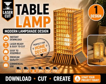 May include: A laser-cut wooden table lamp with a modern lampshade design. The lamp has a rectangular shape with a grid-like pattern, and the text "TABLE LAMP" is visible. The design is suitable for home decor and is easy to assemble.