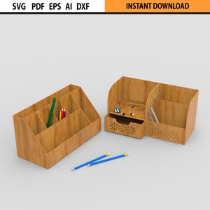 Arquivo de design de organizador de mesa com corte a laser SVG 2Set Bundle | Arquivo de design de porta-canetas cortado a laser DXF | Design de porta-lápis organizador de mesa com corte a laser