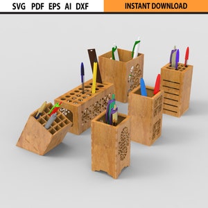 Organizador de mesa com corte a laser Porta-lápis Design Bundle SVG 6Set - Organizador de caneta com corte a laser - Porta-lápis de mesa com corte a laser Design Glowforge