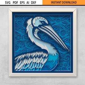 3d SVG Pelikan Multilayer Mandala-Datei, geschichtete Schattenbox DXF-Schnittdateien, mehrschichtige SVG-Dateien für den Laserschnitt, 3D-Schicht-Wandkunst Glowforge