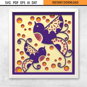 3D SVG Liebe Vögel Layered Shadow Box DXF Mandala, Liebesvögel 3D Laser Cut Files, mehrschichtige Schattenbox svg, Vögel Glowforge 3D SVG Papierschnitt