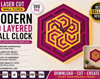 Laser Cut Multilayer Wall Clock SVG | Modern 3D Layered Decor Design Template Glowforge DXF