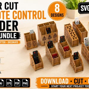 May include: A collection of laser-cut wooden remote control holders in various designs. The image features multiple holders with remote controls inside, showcasing different patterns and styles. Text on the image reads "Laser Cut Remote Control Holder SVG Bundle".