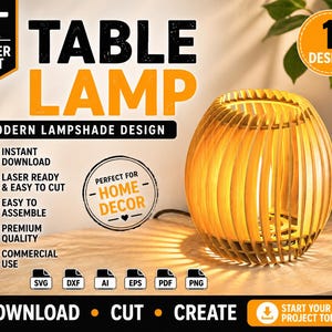 Könnte beinhalten: Eine moderne Tischlampe aus Holz mit einzigartigem Lampenschirmdesign. Die Lampe besteht aus vertikalen Holzlatten, die ein warmes Leuchten ausstrahlen. Das Bild enthält den Text "TABLE LAMP" und "MODERN LAMPSHADE DESIGN". Das Design ist lasergeschnitten und einfach zu montieren.