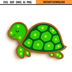 May include: A wooden turtle-shaped light fixture with a green shell and head, and brown trim. The shell features a geometric pattern with embedded lights. The text "INSTANT DOWNLOAD" is in the top right corner.