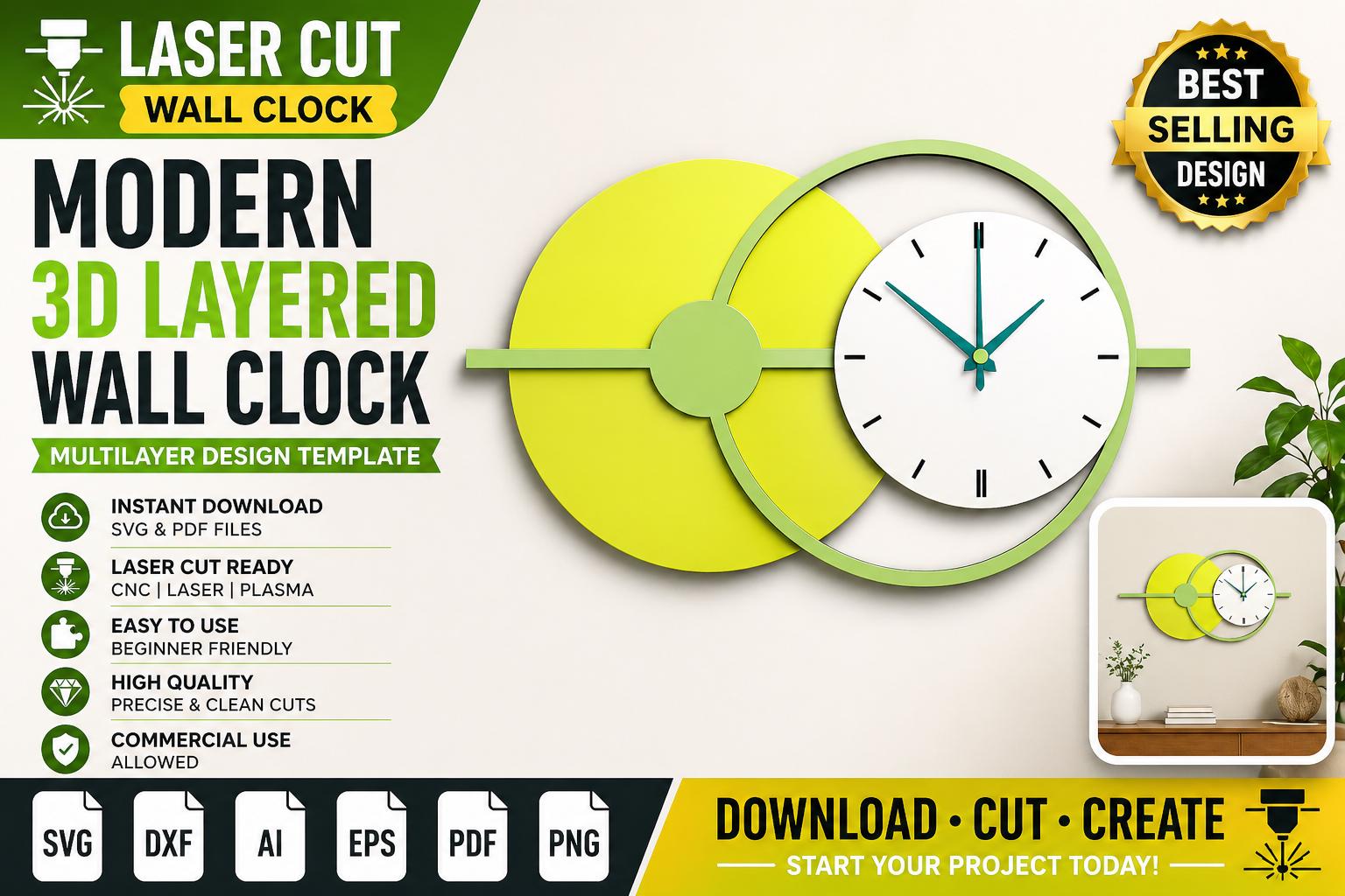 Laser Cut Multilayer Wall Clock SVG | Modern 3D Layered Decor Design ...