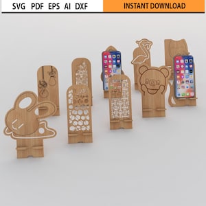 Phone Stand Laser Cut SVG Set of 10 Bundle, Laser Cut SVG DXF Phone Stand Cell Phone Holder bundle Design Glowforge laser cut file