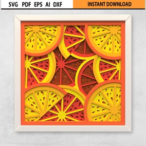 May include: A digital design featuring a pattern of overlapping orange and red citrus fruit slices. The design is in a square frame and has a layered, 3D effect.