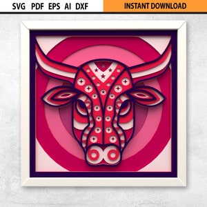 3D Bull Mandala SVG, Layered Cow Shadow Box (Digital Download)