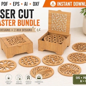May include: A laser-cut coaster bundle with 12 designs and 2 box designs. The coasters and boxes are made of light brown wood. The boxes have decorative cut-out patterns. The text "LASER CUT COASTER BUNDLE" is visible.